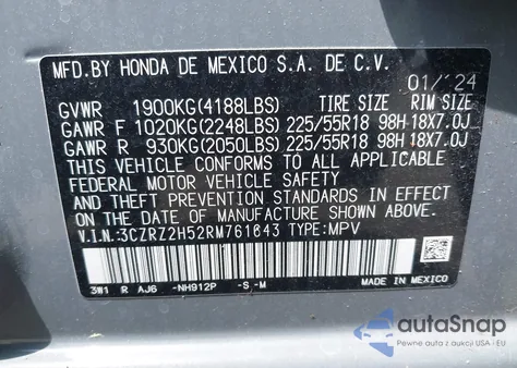 2024 Honda Hr-V Awd Sport/Awd Sport W/O Bsi from USA, damaged, VIN 3CZRZ2H52RM761643